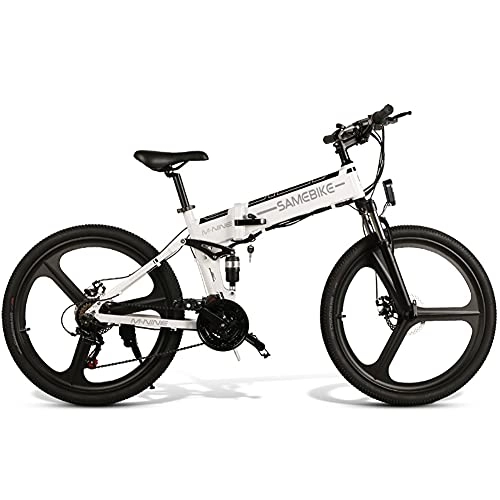 Mountain bike elettrica pieghevoles : SAMEBIKE Mountain bike elettrica pieghevole da 26 pollici, 48 V, 10 Ah, 350 W, con metro LCD, 40-70 km, per adulti, uomini e donne (nero / bianco)