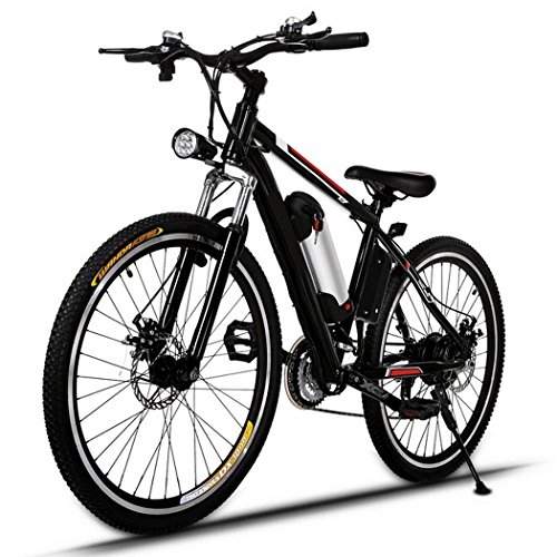 Mountain bike elettriches : AMDirect Biciclette Elettrico Mountain Bike E-Bike 26 Pollici 21 Sistema di Trasmissione Velocità con Torcia Elettrica con Batteria al Litio Staccabile 250W 36V 8Ah, Nero