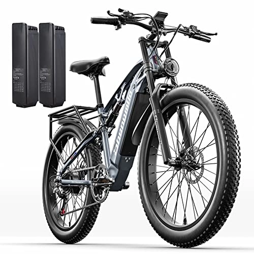Mountain bike elettriches : Batterie gemelle da 15AH, mountain bike elettrica per adulti shengmilo 48V, 26 con freno idraulico ad olio ottagonale Shimano a 7 velocità