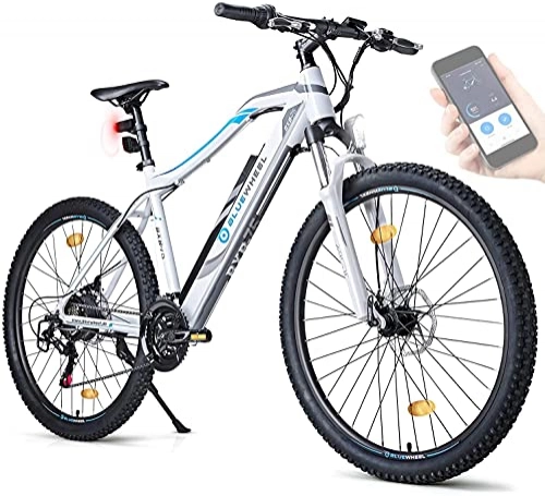 Mountain bike elettriches : Bluewheel 27, 5 pollici E-Bike 14, 4Ah - Qualità tedesca - App in linea con direttive UE, Motore a 250W, batteria con ioni di litio Bici Elettrica BXB75 Cambio a 21 marce (Bianco, 27, 5", 14, 4 Ah)