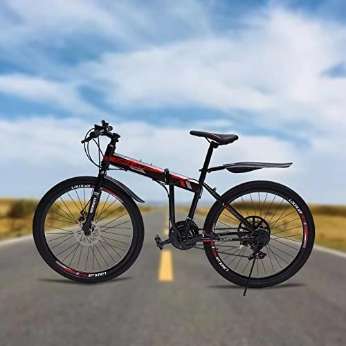 Mountain Bike pieghevoles : 26", 21 marce, mountain bike, unisex, freni a disco, pieghevole, in acciaio al carbonio, pieghevole, pieghevole, per bicicletta, pieghevole, leggero, con ammortizzatore, mountain bike, nero+rosso