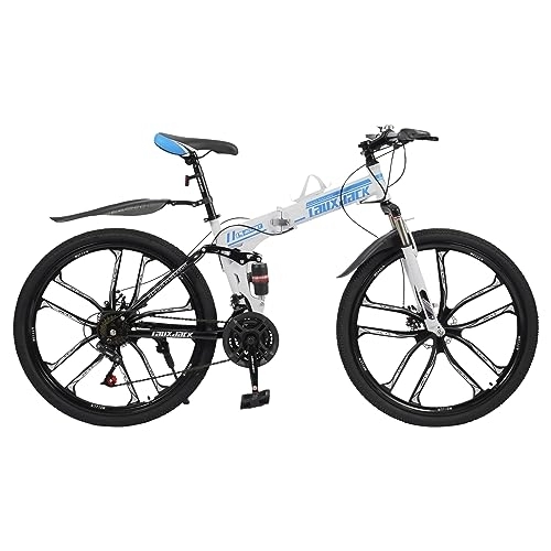 Mountain Bike pieghevoles : BAOCHADA Bicicletta pieghevole da 26 pollici, 21 marce, con freno a disco, forcella ammortizzata, mountain bike, per uomo, donna, ragazzo, blu + bianco