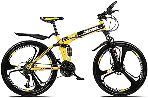 Mountain Bike pieghevoles : Biciclette pieghevoli per mountain bike, 26 pollici, freno a doppio disco a 21 velocità, sospensione completa antiscivolo, telaio in alluminio leggero, forcella ammortizzata, giallo, B 6-11 jianyou