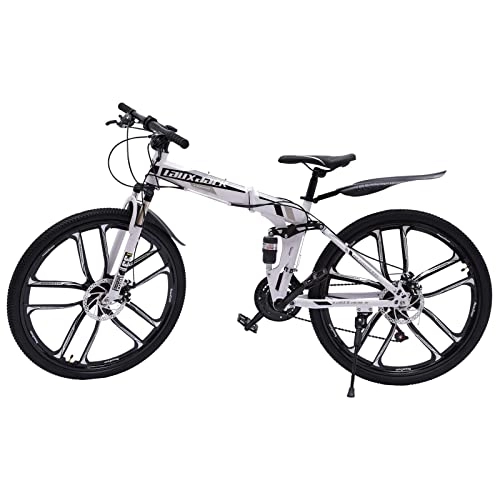 Mountain Bike pieghevoles : EurHomePlus Bicicletta pieghevole da 26 pollici, 21 marce, freno a disco con freno a disco, unisex, con configurazione in bianco e nero