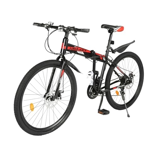 Mountain Bike pieghevoles : lalaleny Bicicletta pieghevole da 26 pollici, per ragazze, ragazzi, uomini e donne, regolabile in altezza a 21 marce, cambio bicicletta con set di parafanghi (nero rosso)