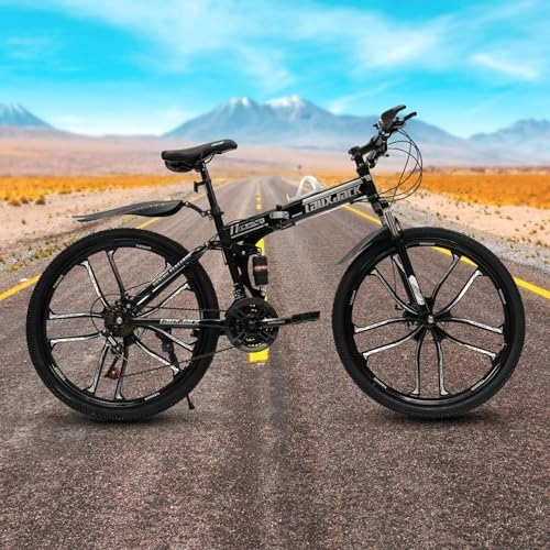 Mountain Bike pieghevoles : LOYEMAADE Bicicletta pieghevole Mountain Bike 26 pollici con 21 marce e freno a disco bicicletta MTB Unisex adulto forcella anteriore ammortizzata, ammortizzatore posteriore
