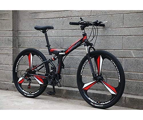 Mountain Bike pieghevoles : N&I Bicycle Folding Mountain Bike for Adults High Carbon Steel Frame Dual Disc Brake Full Suspension for Men Women Bike Bicycle D 26 inch 27 Speed E 26 inch 21 Speed