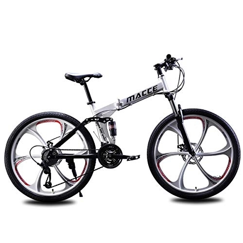 Mountain Bike pieghevoles : PXQ B26Inch21S - Mountain bike pieghevole per adulti, 21 / 24 / 27 velocità, doppio ammortizzatore, 24 / 26", con telaio posteriore morbido ad alto tenore di carbonio, bianco, B26Inch21S