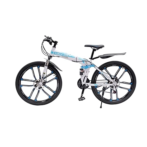 Mountain Bike pieghevoles : TESUGN Mountain bike da 26 pollici, bici da città a 21 marce, con sistema a disco, biciclette completamente ammortizzate, bicicletta pieghevole da campeggio, per ragazze e ragazzi, blu