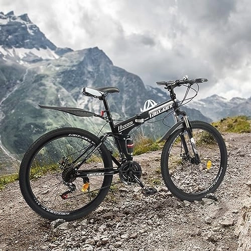 Mountain Bike pieghevoles : Vielrosse Mountain bike da 26 pollici nero+bianco, 21 marce pieghevole bicicletta con freni a disco e molla forcella adatta per oltre 63 pollici
