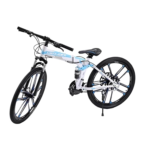 Mountain Bike pieghevoles : Vielrosse Mountain bike premium 26 pollici, 21 marce, mountain bike, unisex, con freno a disco e doppio telaio ammortizzante, pieghevole, perfetto per uomini e donne (blu bianco)