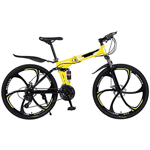 Mountain Bike pieghevoles : WXXMZY Mountain Bike 21 / 24 / 27 velocità Telaio in Acciaio Ruota da 26 Pollici A 6 Razze Doppia Sospensione Bicicletta Pieghevole Mountain Bike per Adulti (Color : Yellow, Speed : 21speed)