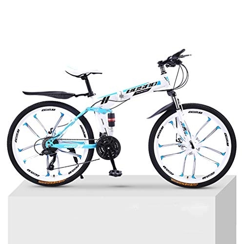 Mountain Bike pieghevoles : ZKHD 24-velocità 10-Coltello Adulto Ruota Mountain Bike Bicicletta Pieghevole Doppio Ammortizzatore Fuoristrada velocità Variabile Misto Bicicletta, White Blue, 24 inch