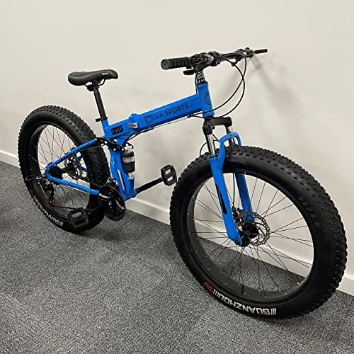 Fat Tyre Mountain Bike : 26“ Thick Wheel Mountain Bike, 21 Speed Bicycle, Adult Fat Tire Mountain Trail Bike, Fat Tyre, High-carbon Steel Frame Dual Full Suspension Dual Disc Brake (Blue)