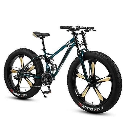 Fat Tyre Mountain Bike : FAXIOAWA 26 * 4.0 Inch Thick Wheel Mountain Bikes, Adult Fat Tire Trail Bike, 7 / 21 / 24 / 27 / 30 Speed Bicycle, High-carbon Steel Frame, Dual Full Suspension Disc Brake Dark Green, 26inch 30speed