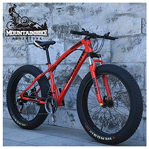 Fat Tyre Mountain Bike : NENGGE 26 Inch Hardtail Mountain Bikes with Fat Tire for Adults Men Women, Mountain Trail Bike with Front Suspension Disc Brakes, High-Carbon Steel Mountain Bicycle, Red Spoke, 7 Speed