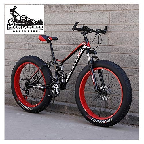 Fat Tyre Mountain Bike : NENGGE Full Suspension Mountain Bikes with Dual Disc Brake for Adults Men Women, High-Carbon Steel Fat Tire Mountain Trail Bike All Terrain Mountain Bicycle, Red, 26 Inch 7 Speed