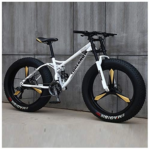 Fat Tyre Mountain Bike : QMMD Men's Mountain Bikes, 26-Inch Mountain Trail Bike, High-carbon Steel Dual-Suspension Mountain Bike, Adult All Terrain Mountain Bike, Fat Tire Anti-Slip Bikes, White 3 Spoke, 7 speed