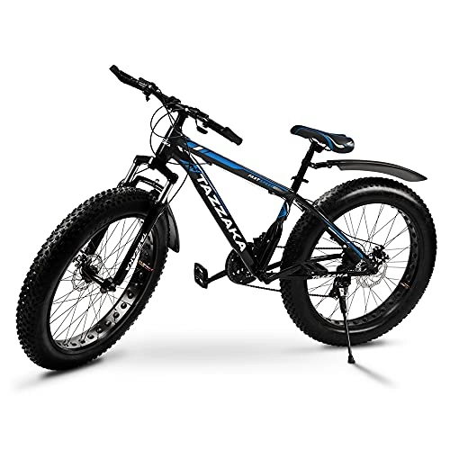 Fat Tyre Mountain Bike : Tazzaka 26*4.0 Inch Thick Wheel Mountain Snow Beach Bikes, Adult Fat Tire Mountain Trail Bike, 21 Speed Bicycle, High-carbon Steel Frame, Dual Full Suspension Dual Disc Brake Bicycle, Blue [UK Stock