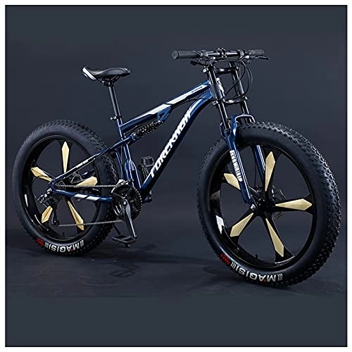 Fat Tyre Mountain Bike : USMASK Mountain Bikes, Men 26 inch Adult Fat Tyre Mountain Bike with Full Suspension, High-Carbon Steel Large Frame Dual Disc Brake Giant Bicycle / Blue 5 Spoke / 27 Speed