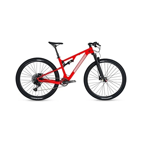 Mountain Bike : HESNDzxc Bicycles for Adults Bicycle Full Suspension Carbon Fiber Mountain Bike Disc Brake Cross Country Mountain Bike (Color : Red, Size : Large)