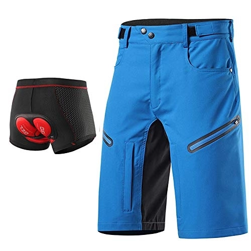 Mountain Bike Short : Loose Fit Cycling Shorts Men, MTB Mountain Bike Shorts Bicycle Underwear 3D Gel Padded, Waterproof Outdoor Sports Shorts Breathable Quick-Drying with Zipper Pockets, Blue, S