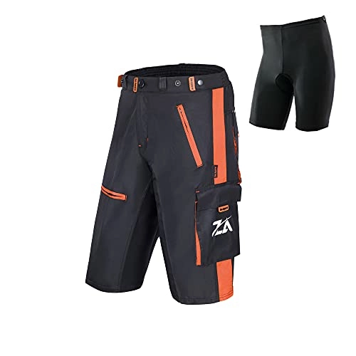 Mountain Bike Short : Zee Apparel ZA MTB Shorts -Padded Mountain Bike Shorts for Men -Breathable, Loose-Fit Men's Cycling Shorts with Detachable Inner Lining and Zipper Pockets Orange