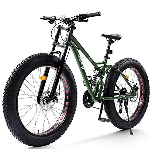 Fat Tire Mountainbike : NENGGE Vollfederung Mountainbike 26 Zoll für Herren Damen, Erwachsenen Fette Reifen MTB mit Scheibenbremsen, Unisex Fahrräder, Rahmen aus Kohlenstoffstahl, Grün, 21 Speed