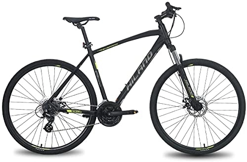Vélo de montagnes : HILAND 700C vélo Hybride avec Cadre Aluminium Shimano 24 Vitesses Vitesse Lock-Out Fourche à Suspension Frein à Disque vélo de Ville…