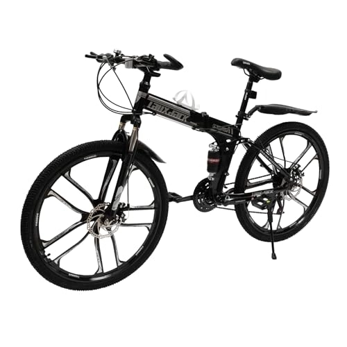 Vélos de montagne pliant : VTT 26 ", vélo pliant à 21 vitesses, freins à disque, vélo tout suspendu avec double cadre d'absorption des chocs pour adultes, hommes et femmes (noir et blanc)