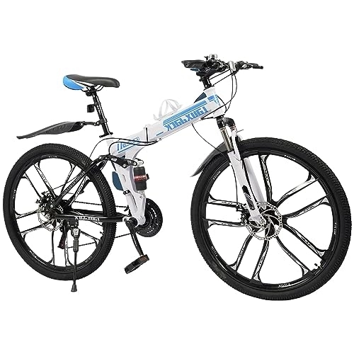 Vélos de montagne pliant : WOQLIBE VTT pliable 26 pouces 21 vitesses, vélo adulte avec double cadre d'absorption des chocs - vélos à freins à disque, parfait pour hommes et femmes, blanc