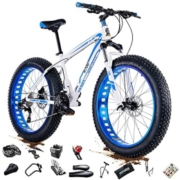 FAXIOAWA  FAXIOAWA 24 / 26 * 4.0 Inch Thick Wheel Men's Mountain Bikes, Adult Fat Tire Mountain Trail Bike, 27 / 30 Speed Bicycle, High-carbon Steel Frame, Dual Full Suspension Dual Disc Brake Bicycle, Blue White