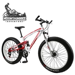 NENGGE Fat Tyre Mountain Bike NENGGE Dual-Suspension Mountain Bike with Mechanical Disc Brakes, Fat Tire Mountain Trail Bikes for Adults Men Women, High Carbon Steel Mountain Bicycle, Adjustable Seat, Red, 24 Inch 7 Speed