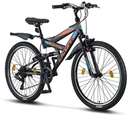 Licorne Bike Vélo de montagnes Licorne Bike Vélo VTT 26" Premium - Vélo pour garçons, filles, femmes et hommes - Dérailleur Shimano 21 vitesses - Suspension complète - Vélo robuste, Homme, Noir / Bleu / Orange, 26 pouces