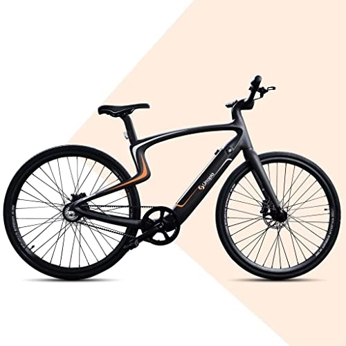Mountain bike elettriches : NewUrtopia - Bicicletta elettrica intelligente in carbonio, misura M, modello Sirius (nero / arancione) 35 Nm, indicatore di proiezione antifurto, app navigatore, controllo vocale, KI Ultraleggero