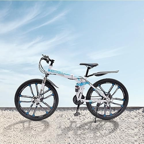 Mountain Bike pieghevoles : DSYOGX Bicicletta pieghevole da 26 pollici, per adulti, 21 marce e freni a disco, mountain bike, uomo, donna, adulto, blu e bianco