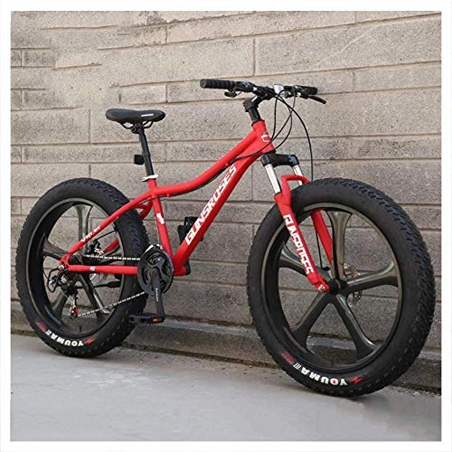 Bicicletas de montaña Fat Tires : 26 pulgadas Hardtail Mountain Bike Fat Tire Mountain Trail Bike para adultos Hombres Mujeres Frenos de disco mecánicos Bicicleta de montaña con suspensión delantera-27 velocidad_5 radios rojos