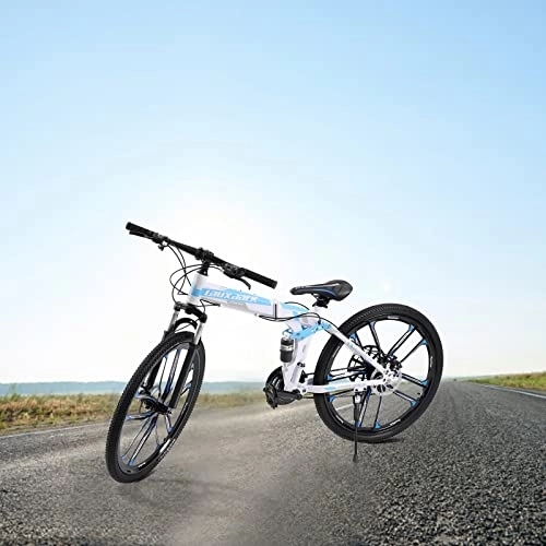 Bicicletas de montaña plegables : Bicicleta de montaña plegable de 26 pulgadas para adultos y mujeres, bicicleta de montaña con freno de disco delantero y trasero, 21 marchas, suspensión completa, carga máxima de 130 kg (azul)