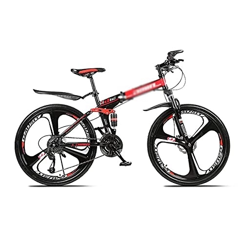 Bicicletas de montaña plegables : Bicicleta de montaña plegable para adultos 21 / 24 / 27 velocidades Sistema de doble suspensión Ruedas de 26 pulgadas con suspensión de horquilla Marco de acero al carbono, varios colores / rojo / 21 velocid