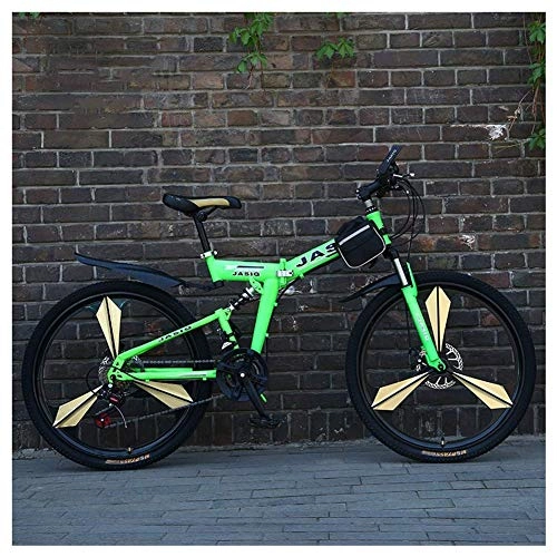 Bicicletas de montaña plegables : Folding Mountain Bike Bicycle Adult Men's Variable Speed Offroad Double Shock Absorption High Carbon Steel Frame Soft Tail 26 Inch 24 Speed (Color : Silver) (Green)