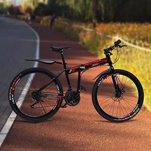 Bicicletas de montaña plegables : KOLHGNSE Bicicleta plegable de montaña, 26 pulgadas, acero de alto carbono, frenos de disco de 21 velocidades, bicicleta plegable para montaña, ciudad y otros viajes (negro+rojo)