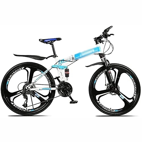 Bicicletas de montaña plegables : LapooH 26 Pulgadas Bicicleta de montaña Plegable para Hombres y Mujeres 21 / 24 / 27 / 30 Velocidad Marco de Acero Antideslizante de suspensión Completa de Carbono Ligero MTB para Bicicleta, Azul, 21 Speed