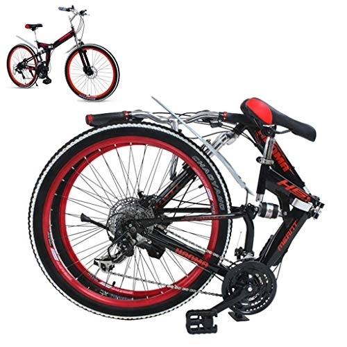 Bicicletas de montaña plegables : Waqihreu Bicicleta de montaña Plegable Bicicletas MTB de 21 velocidades Ruedas de 24 / 26 Pulgadas, portaequipajes Trasero, Rojo (24 Pulgadas)
