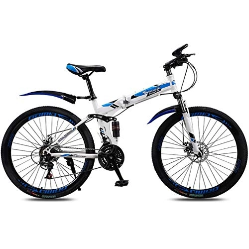 Bicicletas de montaña plegables : ZKHD 24 / 26 Pulgadas Habló Dual Absorción De Choque Portátil Montaña Plegable De Velocidad Variable Bicicleta Rueda Cruz País De 21 Velocidades, White Blue, 26 Inch