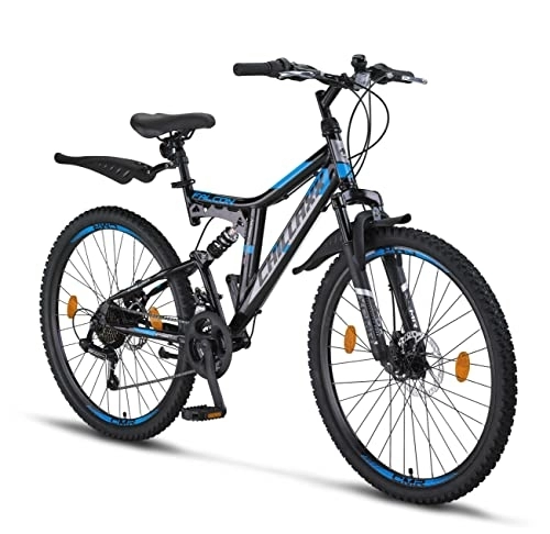 Bicicletas de montaña : Chillaxx Bicicleta de montaña Falcon Premium de 24 y 26 pulgadas, para niños, niñas, mujeres y hombres, freno de disco, cambio de 21 marchas, suspensión completa (26 pulgadas, freno de disco negro-azul