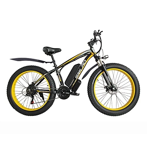 Electric Mountain Bike : AKEZ 26"*4" Fat Tire E-bike Electric Bike for Adults, Fat Tyre Electric Mountain Bike 7 Speeds Snow Bike All Terrain with 48V Removable Lithium Battery (Black yellow 15A)