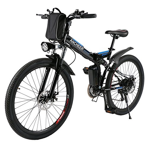 Electric Mountain Bike : ANCHEER Electic Mountain Bike, 26 inch Folding E-bike, 36V 250W Large Capacity Lithium-Ion Battery and Battery Charger, Premium Full Suspension and Shimano Gear (Schwarz) (Black) (Black)