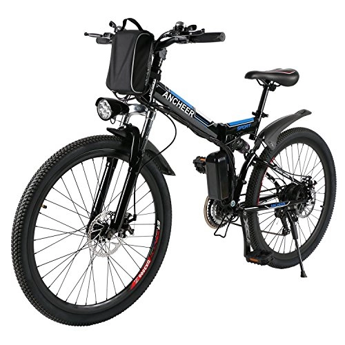 Electric Mountain Bike : ANCHEER Electic Mountain Bike, 26 inch Folding E-bike, 36V 250W, Premium Full Suspension and Shimano 21 Speed Gear (Black)
