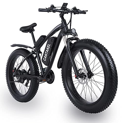 Electric Mountain Bike : CANTAKEL Electric Mountain Bike, 26 Inch Electric Bike, Adult Electric Bike with Back Seat and Hidden Battery, Premium Full Suspension, Shimano Professional 21 Speed Transmission (Black)