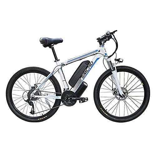 Electric Mountain Bike : Electric Bike, SMLRO C6 26 Inch, Mountain / Commute Bike Integrated Wheel, IP54 Waterproof, 500w, With Removable Bigger Battery 48v 16ah Lithium Battery, Shimano 21 Speed E-bike (Blue / white)